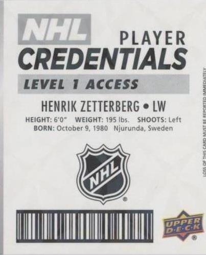 2017-18 Upper Deck MVP - Nhl Player Credentials Henrik Zetterberg