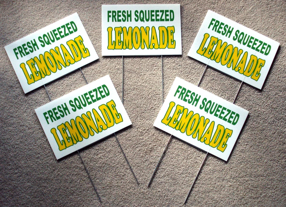 HARRINGTON SIGNS 5 Fresh Squeezed LEMONADE Coroplast SIGNS 8" X 12" Concession Stand w/stakes USA