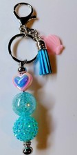 Blue Beaded Heart Charm Key Chain w/ Tassel  Pink Charm, Silver Accents