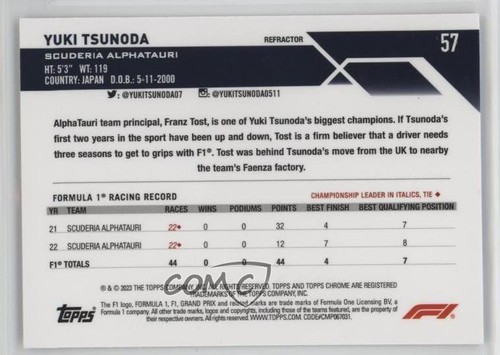 2023 Topps Chrome Formula 1 F1 Drivers Refractor Yuki Tsunoda #57 1i3m - 第 2/3 張圖片