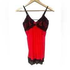Stretch Red Chemise Lace Up Back Slip Dress Black Lace and Red SHORT Intimates S