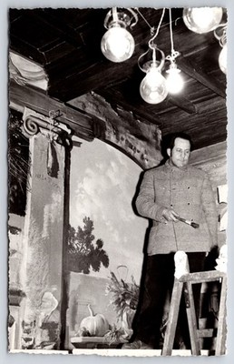Vintage Ferrania RPPC Artist Painting Mural Interior Scene Real Photo Postcard