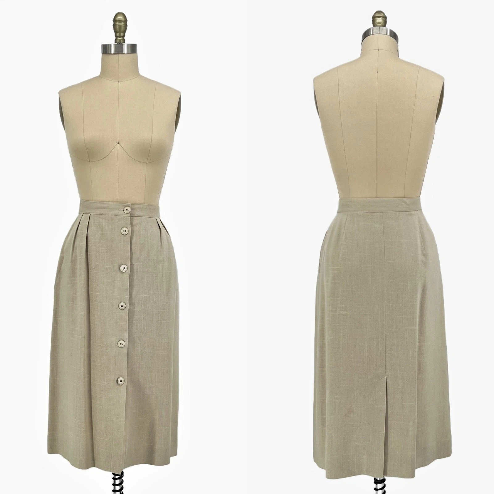 Vintage 70s/80s Jones New York Beige Linen Button Front Midi Skirt Womens Large