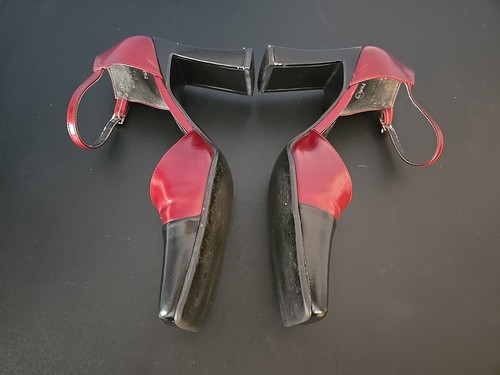 NINE WEST Red Black Ankle Strap Chunky Heels Square Toe Women Pumps Y2K 7.5 - Picture 8 of 11