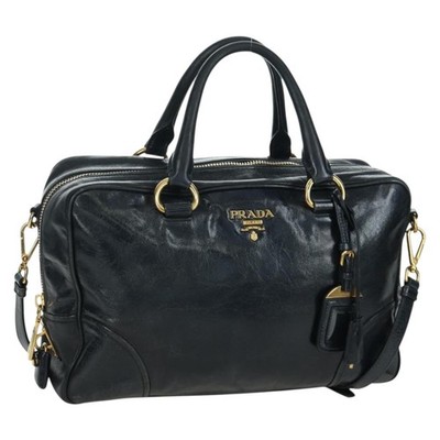 PRADA Hand Bag Leather 2way Navy Gold Auth 170560A