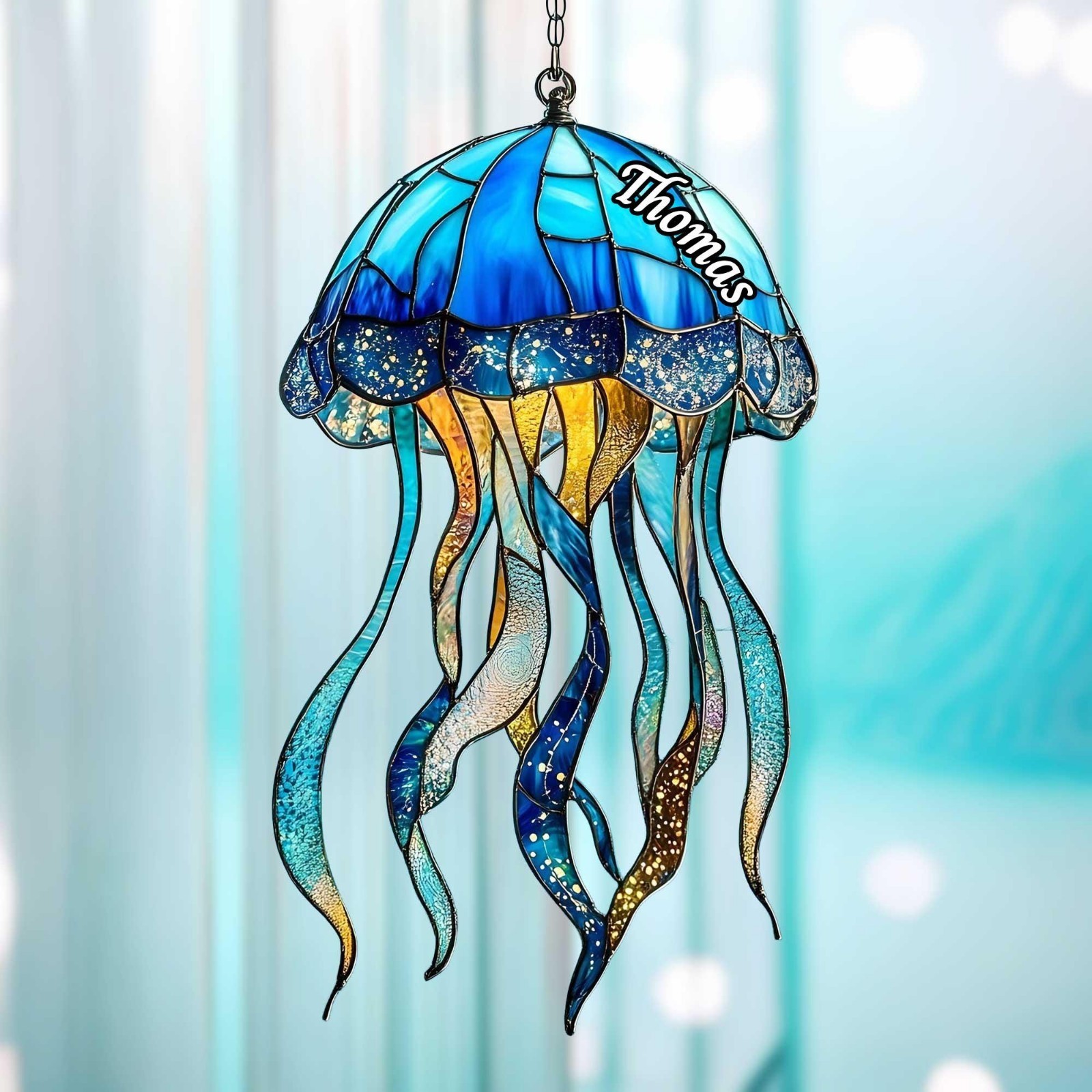 Blue Jellyfish Acrylic 2D Flat Suncatcher Faux, Ocean Window Hanging,Decor