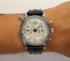 💥vintage HEUER TWO REGISTER CHRONOGRAPH Watch WHITE DIAL 35mm SERVICED!💥