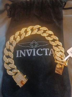 Invicta Men's Gold Plated Stainless Steel Cuban Link Bracelet, White Pavé CZ