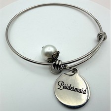 Vintage 90s Bridesmaid Silver Tone Expandable Bangle Bracelet Faux Pearl Charm