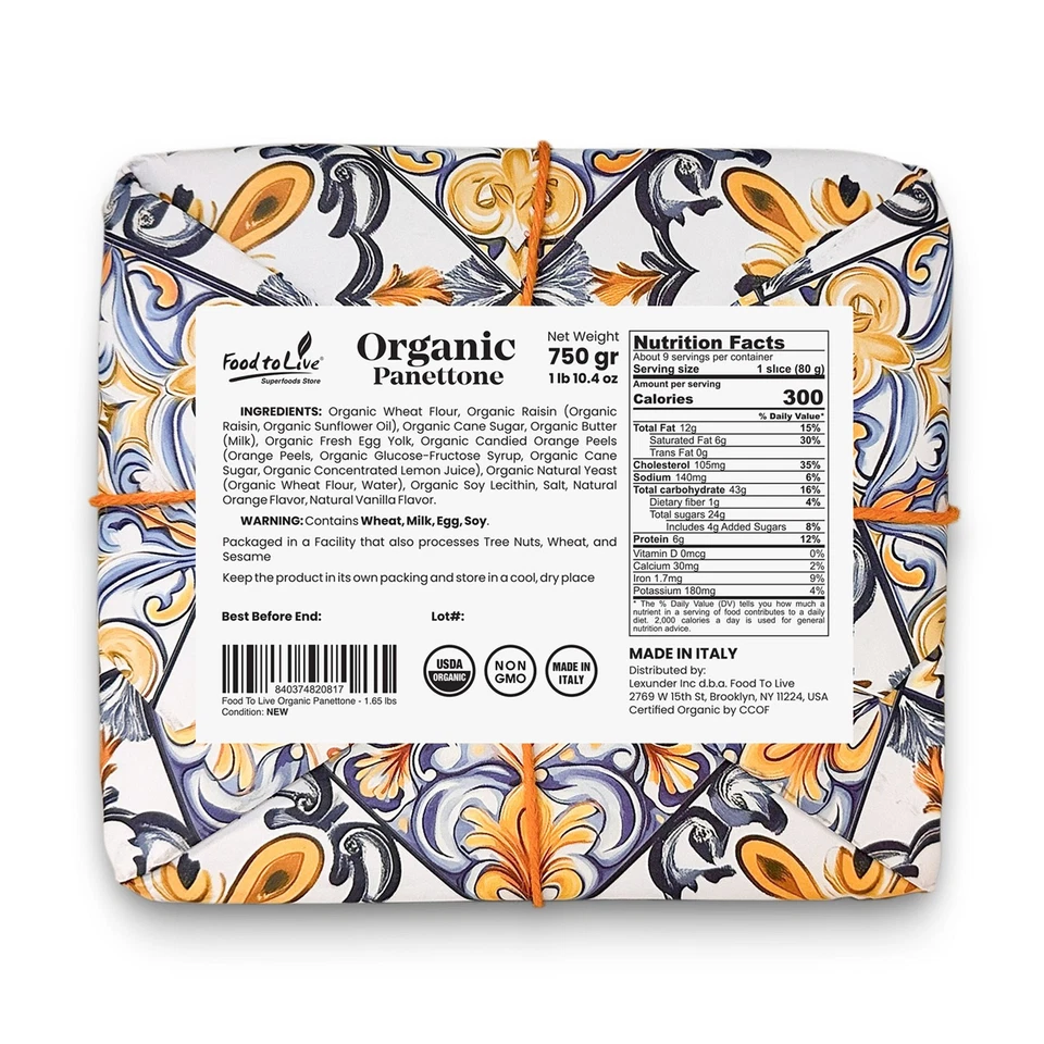 Panettone italiano orgânico Food to Live - Perfeito para presentes - 750 g (1,65 lb) - Imagem 3 de 4