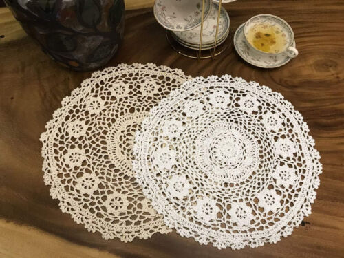 2x Vintage Hand Crochet Lace Doilies Cotton Flower Placemat Round Table Mats 14" - Picture 1 of 29