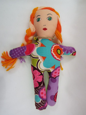 Rag Doll  Plush Flower Power Fabric Sleep/wak on one side Orange Tourquise 10 in