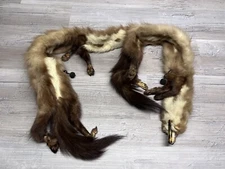 Vintage Real Two Fox Fur Collar Wrap Scarf Head to Tail Stole Brown Blonde
