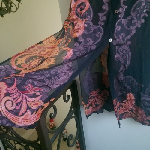 Citron L Silk Black Sheer Multicolor Filigree Button Front Long Layering Tunic - Picture 9 of 10