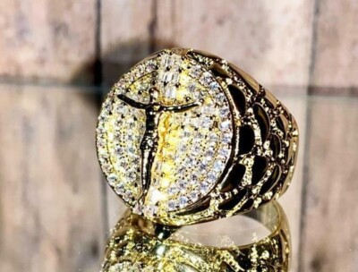 NUGGET JESUS Cross Mens Bling Ring Ice Out 2ct Iced CZ 14k