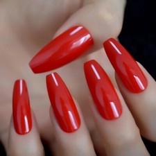 24 Press on nails Kit w Glue Extra Long coffin Red