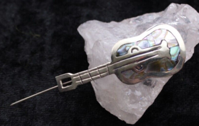 Brosche Anstecknadel 925er Silber Gitarre Abalone Muschel Silberschmiede Arbeit