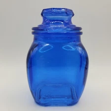 Vintage Blue Glass Canister with Plastic-Ring Lid-Seal 4" Tall - Made in China