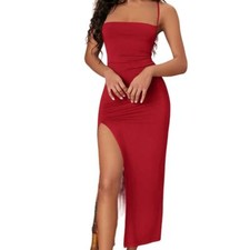 Lace Up Backless Split Thigh Cami Dress in Red, Size S
