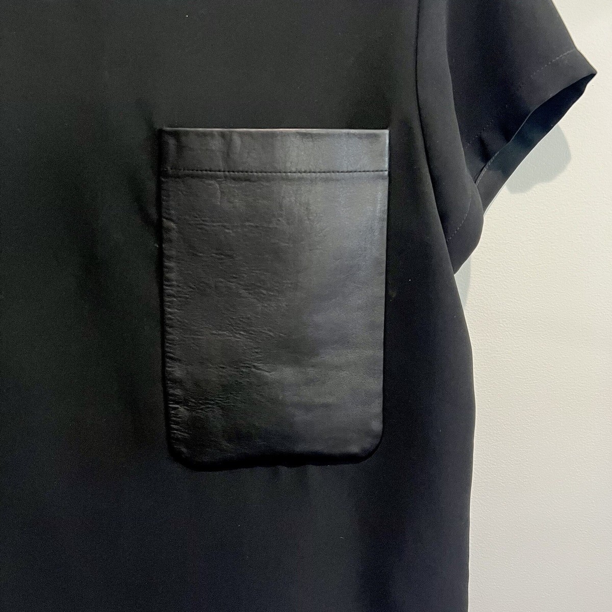 Rag & Bone Shirt Black Short Sleeve Leather Pocket High/Low