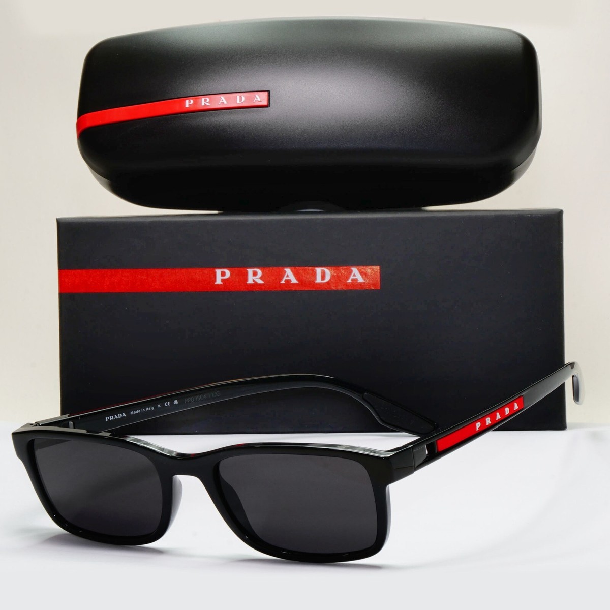 Prada Sunglasses Black Glossy Square Red Linea Rossa PS09OV VPS