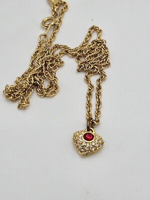Vintage Joan Rivers Gold Tone Red Glass Cabochon Tiny Heart Pendant Necklace 