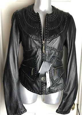 NWT $2125 Just Cavalli Ladies Caban Motorcycle Leather Jacket -Size 46 -US 10 