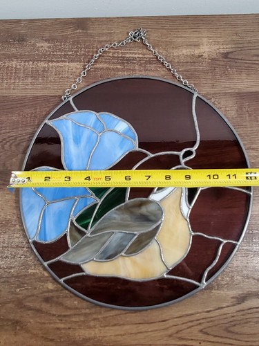Beautiful Stain Glass Suncatcher Yellow Quail Bird Blue Tulips Quality - Picture 7 of 9