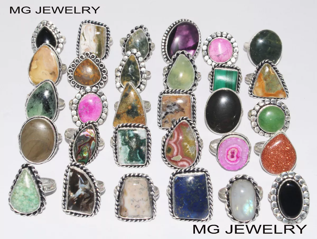 Bulk Sale 15 Pcs Mix Adjustable Rings Lot Gemstone 925 Sterling