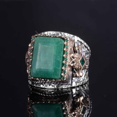 KAMBO 925 Sterling Silber Herrenring mit natürlichem Smaragd Edelstein - Handarbeit