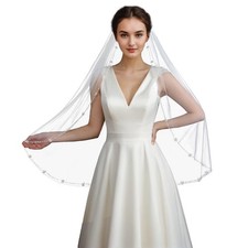Bride Wedding Veils Pearls and Crystals Beaded Edge Fingertip Length Bridal V...