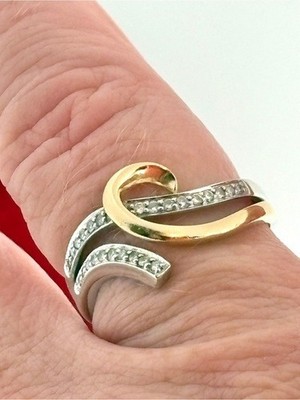 14 Karat Gold bicolor Weißgold Diamant Welle Schleife Ring Größe 7