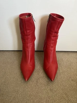 Zara Red Leather Pointed Toe High Heel Ankle Boots Size 7 - Image 1 of 4