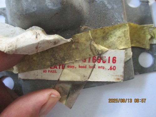NOS 1960 CHEVROLET IMPALA, BELAIR, WAGON HOOD LOCK MOUNTING PLATE-PT. 3769516 - Picture 3 of 8