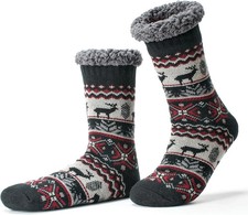Cozylook Men's Fuzzy Slipper Socks - Non-Slip Grips, Thermal 11-14 Black/Gray