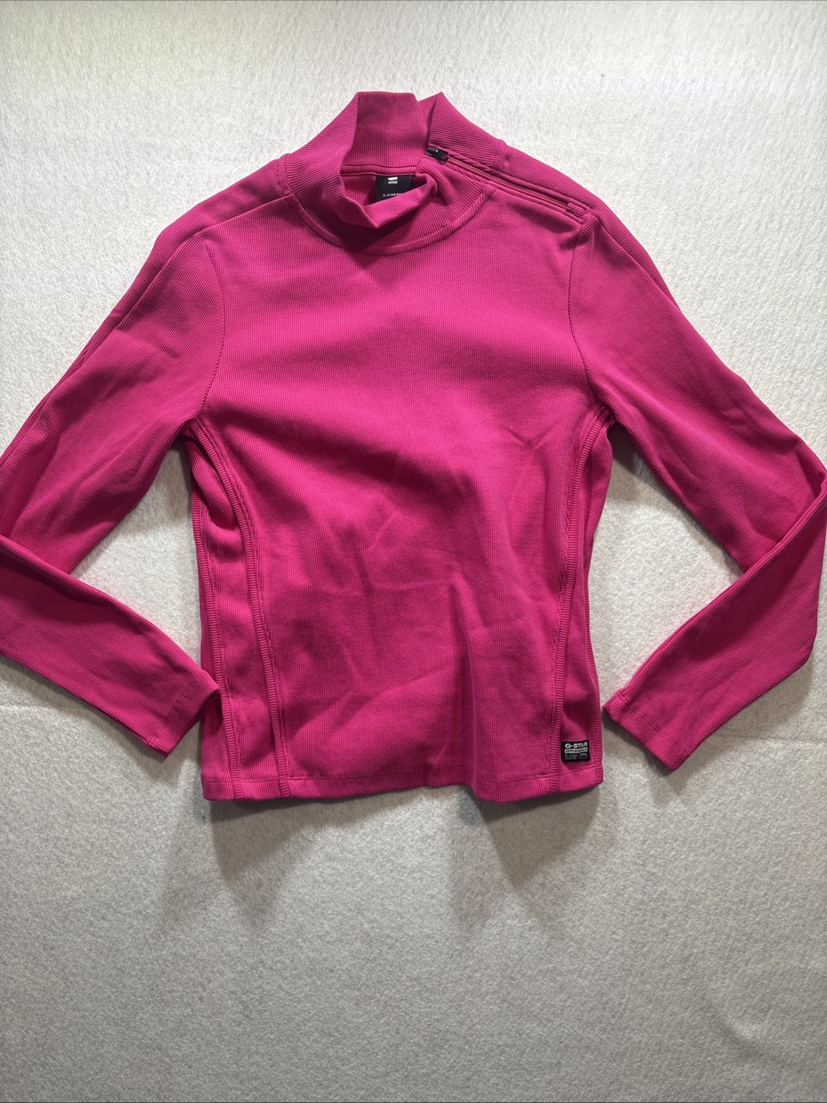 G Star Raw Pink Asymmetric Zip Cropped Slim Mock Long Sleeve Women Sz Medium