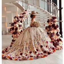 Colorful Quinceanera Dress 3D Floral Fringe Bodice Sweetheart 15 16 Prom Gowns