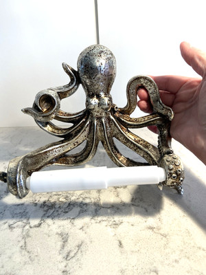 Octopus Toilet Paper Holder Antique Silver Finish Wall Mount Resin Nautical MINT
