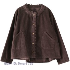 Women Corduroy Blouse Shirt Coat Jacket Top Lace Button Loose Casual Outwear New