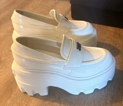 CASADEI White Leather Platform Loafer Flats Logo Slip On Round Toe Women's 37
