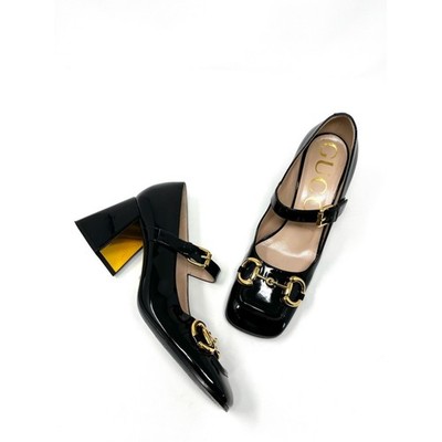 Gucci Baby Bit Horsebit Mary Jane High Heels Pumps Black Patent Gold 38.5 8.5