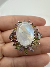 Stunning 925 sterling silver genuine rainbow moonstone tourmaline ring size 7
