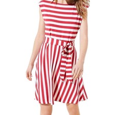 Ann Taylor Loft Women's Dress 10 Rayon Red White Striped Knee Length Fit Flare
