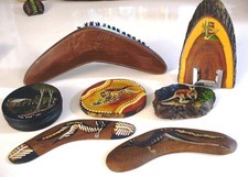 Seven Australian  Aboriginal Collectables Boomerangs paintings brush tin Mulga