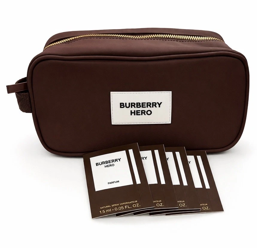 Burberry Hero Travel Toiletry Bag Brown + 4x Parfum Samples Set