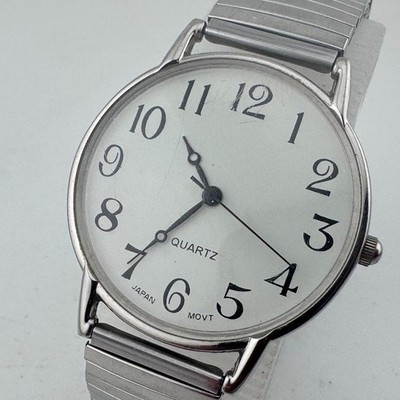 E.T.C. Japan Quartz Watch Men Silver White Stretch Easy Read Analog New Battery