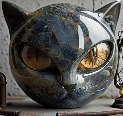 Schwarze Marmoroptik Harz Katzenkopf Skulptur mit goldenen Augen - modernes Dekor