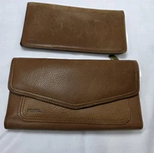 Vintage Fossil Leather Trifold Wallet Camel Brown With Checkbook Cover Slim