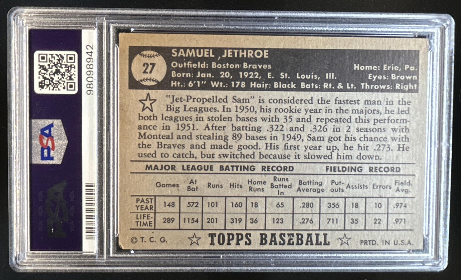 1952 Topps Sam Jethroe Black Back #27 Braves PSA 4 view 2