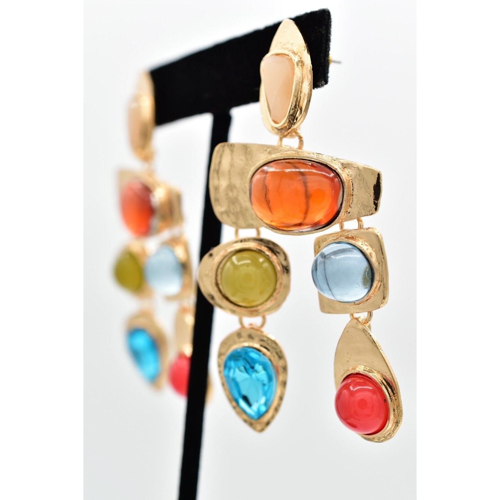 Statement Multi-Stone Drop Earrings Cabochon Crys… - image 2